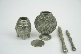 Pewter Vtg Miniature Decorative/souvenir Yerba Mate Gourds And Bombilla Straws