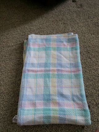 Vintage Baby Blanket Pastel Plaid Woven 100 Cotton Usa Blue Yel Green Pink A3
