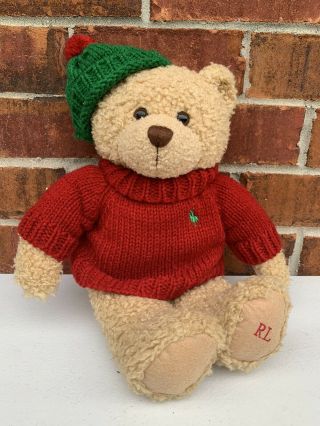 Vintage Polo Ralph Lauren Teddy Bear Brown Plush 2006 Red Green Knit Sweater