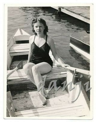Looking Down On Pretty Swimsuit Girl Sitting In A Row Boat Old Photo