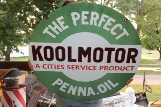 Large Cities Service Koolmotor Oil Gas Station 2 Sided 30 " Porcelain Metal Sign