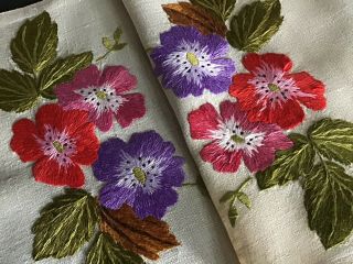 Long Vintage Linen Hand Embroidered Table Runner Lovely Florals