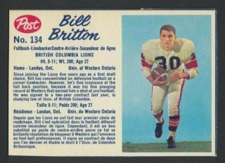 Vintage 1962 Post Cfl Football Card 134 Bill Britton B.  C.  Lions Ex
