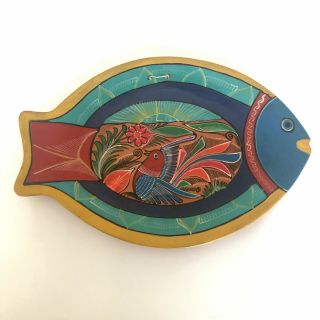 Vintage Fish Mexican Talavera Pottery Hand Painted Wall Art Plate Bird Flower12 "