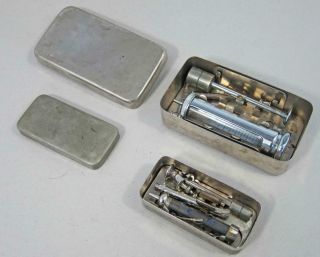 2 Vintage Medical Syringes In Metal Cases Antique Doctor Instrument