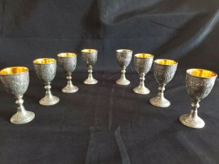 Antique Vintage Small Gothic Silver Goblet Set Of 8 Hallmarked With Castle