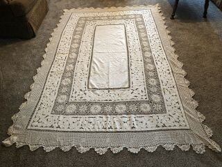 Vintage Cut Work With Embroidery & Crochet Lace Table Cloth 96 " X 62 "