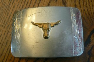 Vintage Rockmount Denver Co Nickel Silver Cowboy Steer Head Belt Buckle Western