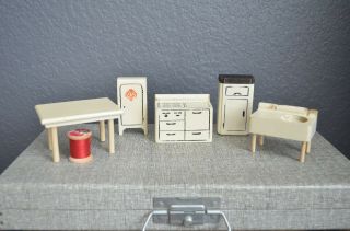 Vtg Dollhouse Miniature Hand Crafted Wood Furniture Kitchen White Sink Art Deco