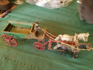 Vintage 14 - 1/2 " Cast Iron Horse Drawn Cart Carriage W/ Driver & 2 Horses