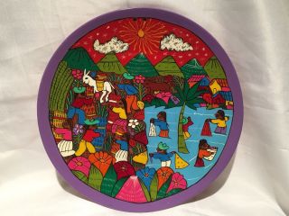 Mexico Folk Art Red Clay Pottery Hanging Plate Hand Painted Flowers Water