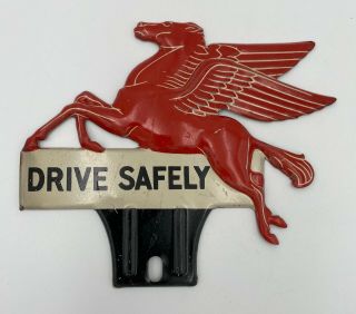 1940s Mobil Oil Pegasus License Plate Topper Tag Tin Sign Nos Drive Safe