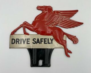 1940s MOBIL OIL Pegasus License Plate Topper Tag Tin Sign NOS Drive Safe 2