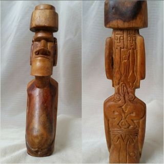 Easter Island Wooden Hand - Carved Statue Moai With Hat Vintage Polynesian