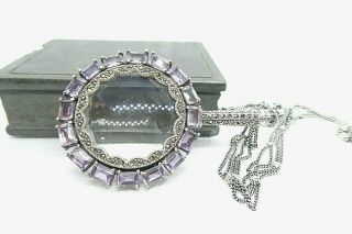 Vintage 925 Silver Pendant Magnifying Glass On Chain Marcasite And Purple Stones