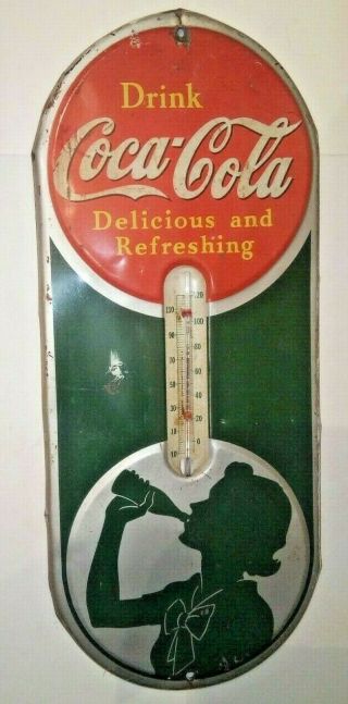 1939 Coke Coca Cola Tin Silhouette Girl Thermometer Advertising Sign