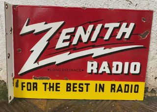 Vintage " Zenith Radio " Double Sided Porcelain Enamel Sign 19 " X13 " X2 " Flange