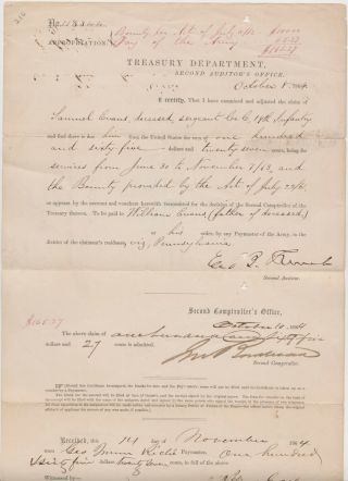 1864 Civil War Treasury Dept Pays Bounty To Father Of Dead Soldier 19th Us Inf