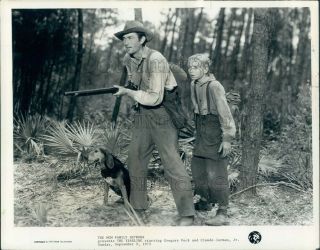 1973 Press Photo Gregory Peck Gun & Hunting Dog Claude Jarman Jr The Yearling