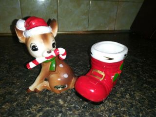 Vintage Ceramic Deer & Red Christmas Santa Boot Candy Cane Holder Japan