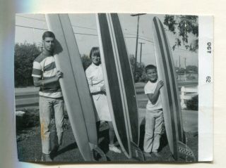 Two Boys And A Girl Holding Surfboards Surfers Long Board Vtg B/w Photo Snapshot