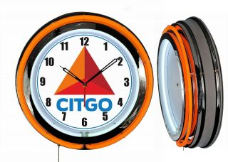 Citgo Gasoline Oil 19 " Double Neon Clock Orange Neon Man Cave Garage Gas Station