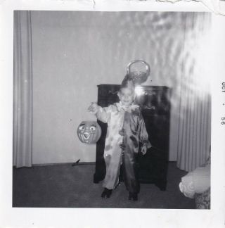 Vintage Snapshot: Cute Little Boy,  Dressed In Halloween Clown Costume W/pumpkin
