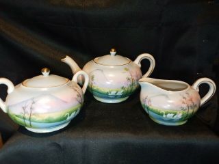 Vintage Japanese Porcelain Takito 3 Piece Tea Set Teapot Sugar Creamer