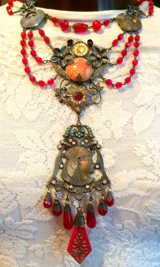 Very Old Egypt Necklace,  Ruby Red - Coral Glass Beads,  Signed - Czecho