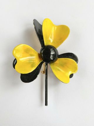 Vintage Large Yellow Black Enamel Flower Brooch By Robert Mod Pin