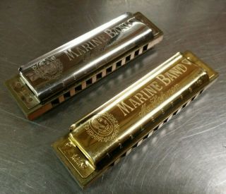 Set Of 2 Vintage M.  Hohner Marine Band Harmonicas,  A440 Key Of C,  Silver & Gold