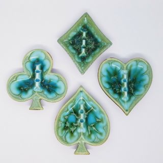 Vintage Ceramic Treasure Craft Playing Cards Blue Green Glaze Ashtrays Set Of 4