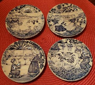 Set Of 4 Vintage Blue Delfts By Boch Small Plates Belgium Children Playing Scene