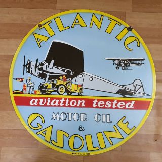 Atlantic Aviation Gasoline 2 Sided Porcelain Enamel Sign 30 Inches Round