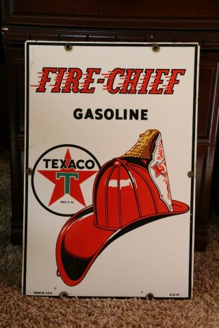 Texaco Porcelain " Fire - Chief Gasoline Sign Dated 3 - 10 - 47