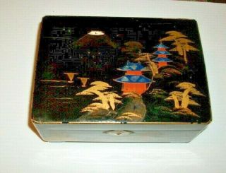 Japanese Black Lacquer Jewelry & Music Box Hand Painted And Inlay Vintage