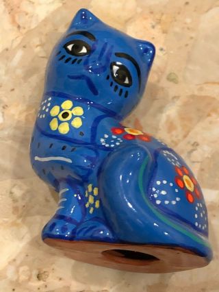 Vintage Blue 4” Mexican Ceramic Hand - Painted Folk Art Terra - Cotta Cat Figurine