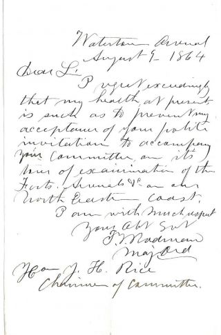 Civil War General Thomas Rodman Inventor Of Coastal Cannon Autograph Letter 1864