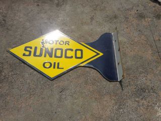 Porcelain Sunoco Motor Oil Enamel Sign Size 21 " X 15 " Inches 2 Sided Flange