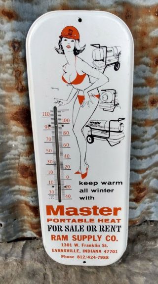 Vintage Master Portable Heat Adv.  Thermometer Sign Pin Up Girl Gas Station Oil