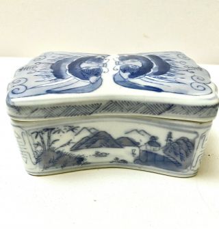 Vintage Blue & White Porcelain Ceramic Trinket Box W/ Lid Asian Dragon Landscape