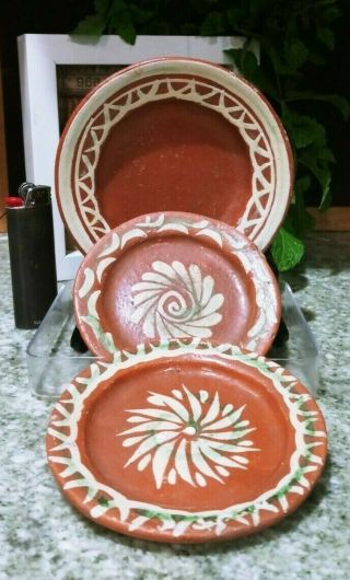 Set Of 3 Vintage Mexican Pottery Plates - Clay Handmade/handpainted