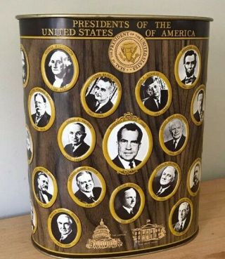 Vintage 70s Tall Metal Can With Presidents Faces