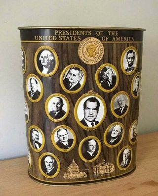Vintage 70s Tall Metal Can with presidents faces 2
