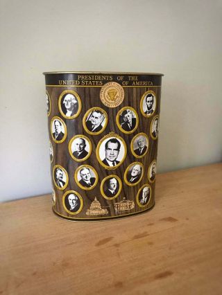 Vintage 70s Tall Metal Can with presidents faces 3