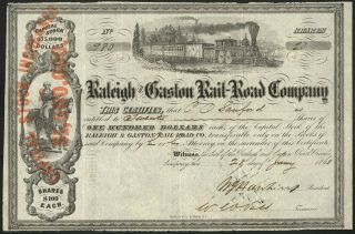 Raleigh And Gaston Rail - Road Stock Certificate – Civil War Dated