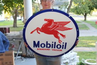 Large Mobil Mobiloil Motor Oil Gas Station 2 Sided 24 " Porcelain Metal Sign