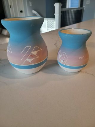 Native American Art Pottery Vases Signed Little Thunder Sioux