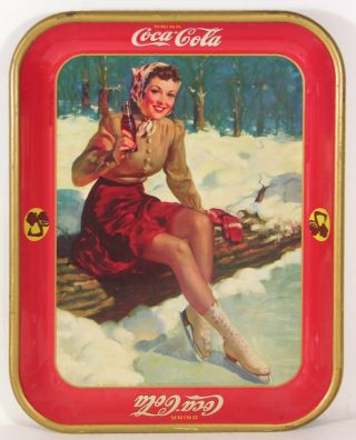 1941 Coca - Cola Tin Lithograph Advertising Serving Tray Skater Girl Coke Tray