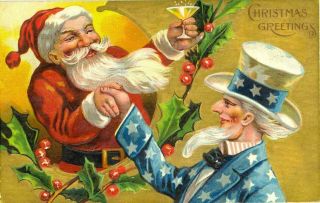Vintage Antique Patriotic Christmas Santa Uncle Sam Cheers Postcard - A726